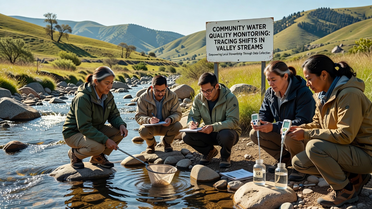 Volunteers reviewing water quality data charts on a laptop beside a stream, highlighting seasonal trends in nutrient levels